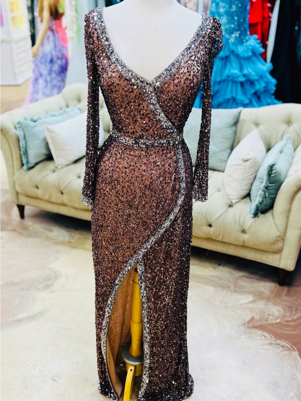 Elegant Beaded Long-Sleeve Evening Gown in Deep Brown